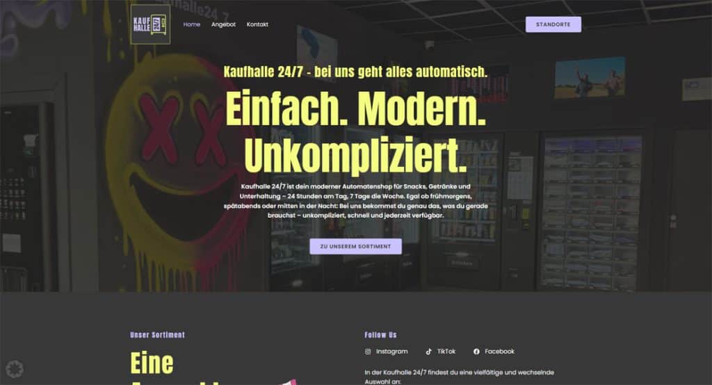 Kaufhalle 24/7: Einfach. Modern. Unkompliziert. Ein moderner Automatenshop mit Snacks, Getränken und Unterhaltung, der rund um die Uhr geöffnet ist.